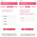 Four German check-in screens: water intake, mood, swelling, and booking an appointment
