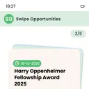 Swipe Opportunities card for a fellowship with an 80% match score and swipe buttons