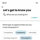 Swipe Opportunities onboarding: choose opportunity types and career stage