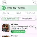 Swipe Opportunities saved list with Interested, Applied and Not interested tabs