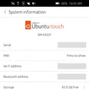 System information on the Galaxy A50 (SM-A505F) showing Ubuntu Touch 26.04; device identifiers hidden